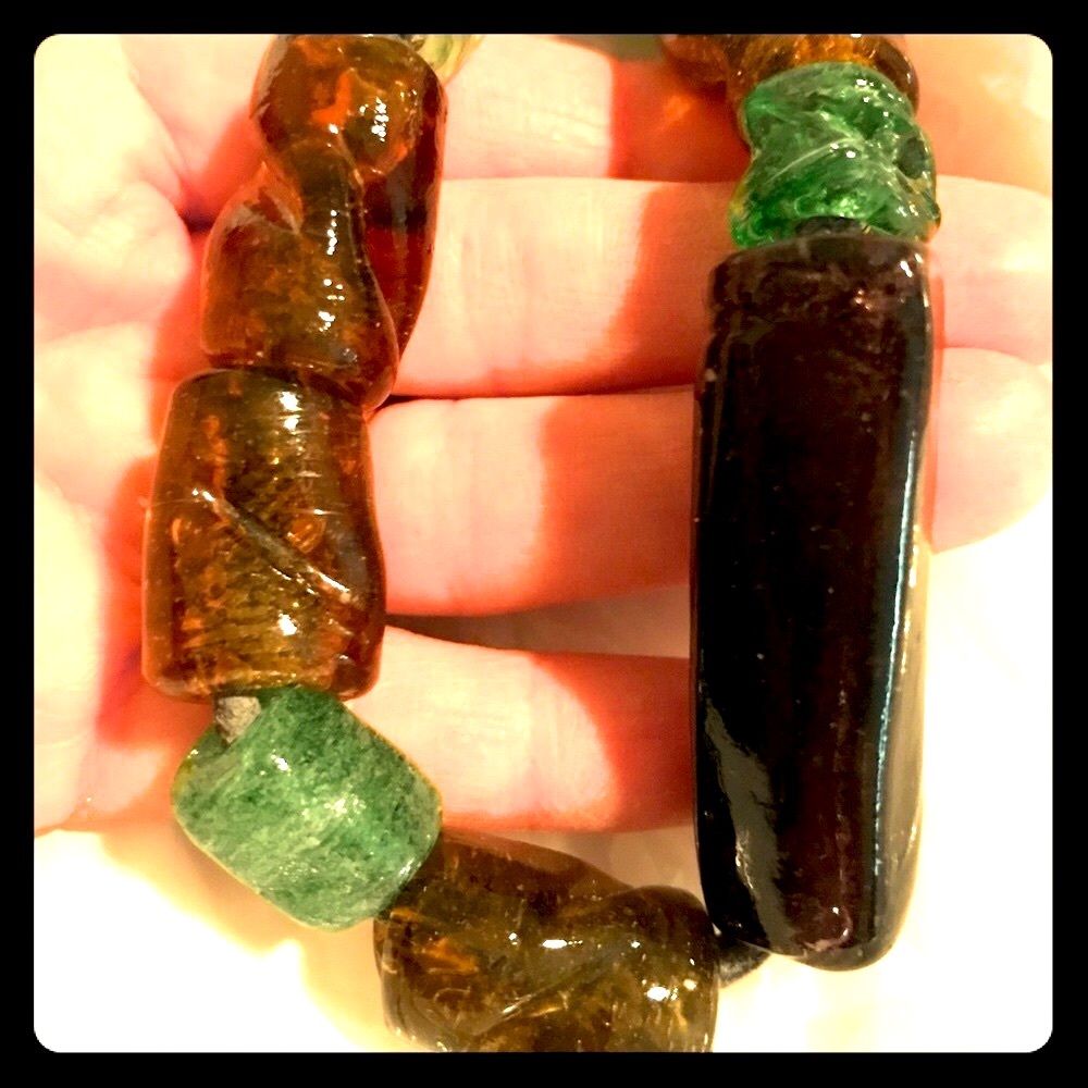 NWT Glass bead necklace artisan Lampwork handmade chunky green brown Vintage